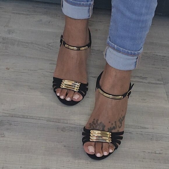 Black and Gold Strappy Open Toe Heels Size 8 - Picture 1 of 7